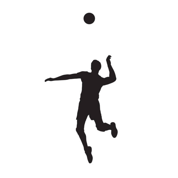 volleyballspieler serviert ball, isolierte vektorsilhouette - volleying stock-grafiken, -clipart, -cartoons und -symbole