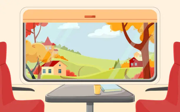 Vector illustration of Autumn landscape outside the train window. Empty carriage. Traveling by rail in autumn. Vector colorful illustration.