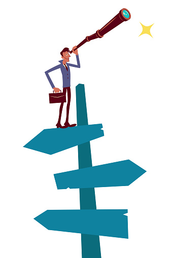 Businessman Characters Vector Art Illustration.
Businessman standing on a directional sign and looking through a hand-held telescope to search for business opportunities and success.