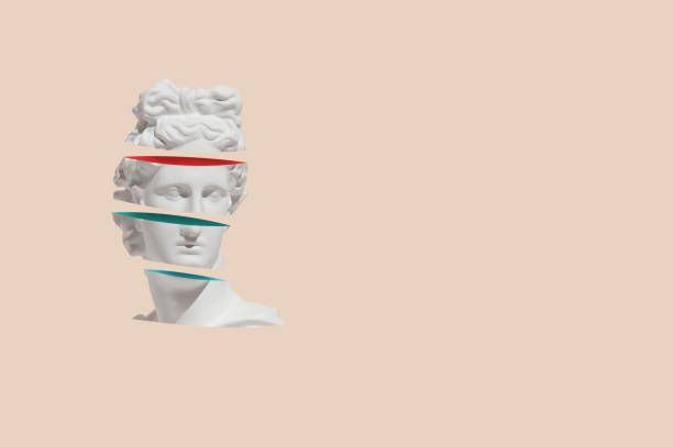 Creative poster made with god Apollo's head with sections with vibrant color different geometric slices.