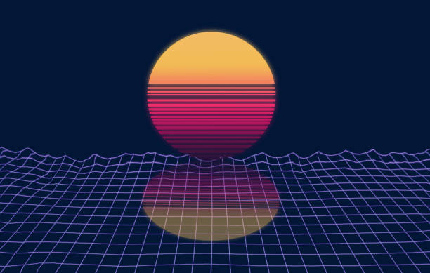 istock Creative retro minimal abstract landscape background with blue grid and sun in the 80s-90s neon aesthetic synth-wave style. 1330019111
