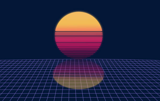 Creative poster made with 80s synthwave styled landscape with blue grid mountains and sun over space planet canyon. Minimalist surreal vintage concept wallpaper.