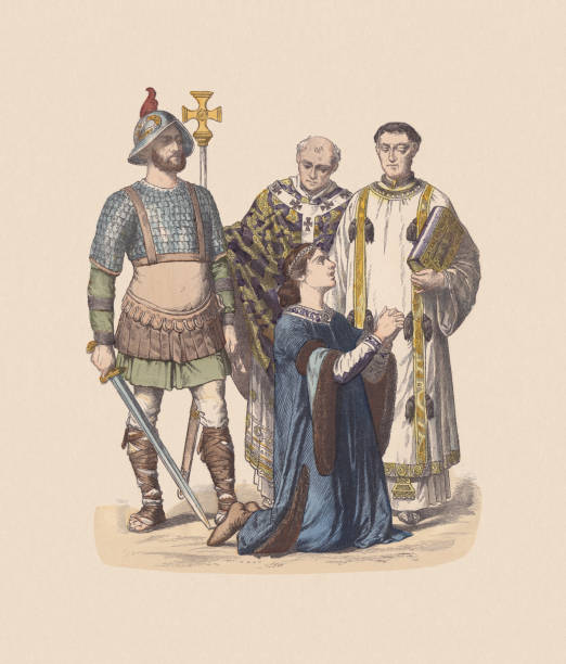 700 - 800, Carolingian costumes: Warrior (left). Priests (behind). Nobleman (foreground). Hand colored wood engraving, published ca. 1880.
