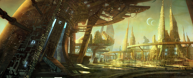 digital illustration of futuristic science fiction city building with abstract structure environment landscape