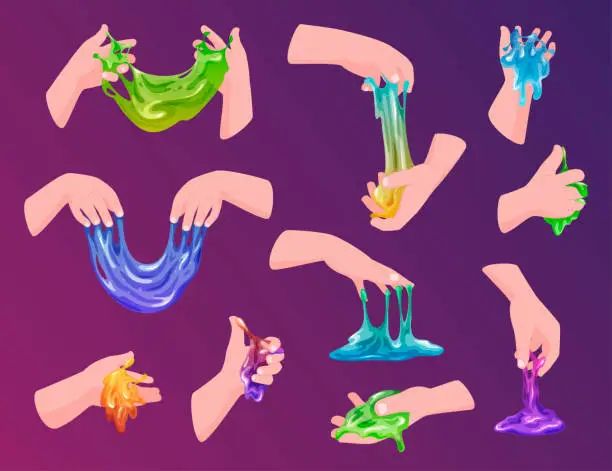 Vector illustration of Collection of human hands holding colorful handmade slimes vector glossy sticky fluid game toy