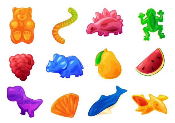 Collection of gummy jelly candies vector illustration bright sweet chewy fruit vitamin delicious Collection of multicolored gummy jelly candies vector realistic illustration. Set bright sweet chewy fruit vitamin delicious isolated on white. Childish gelatin snack with funny animals creature shape chewy stock illustrations