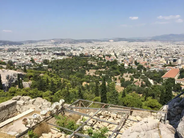 Photo of View of the Ancient Agora of Athens with the The Temple of Hephaestus to the left and the Stoa of Attalos to the right, as seen from the Athenian Acropolis in Athens, Greece.