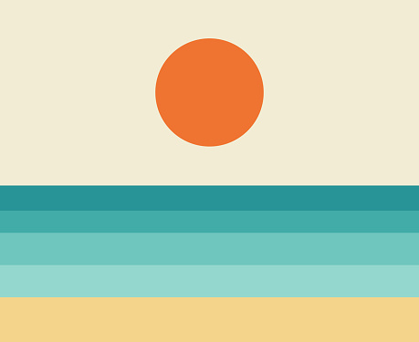 Sunset sea and beach vintage poster background. Vector illustration.