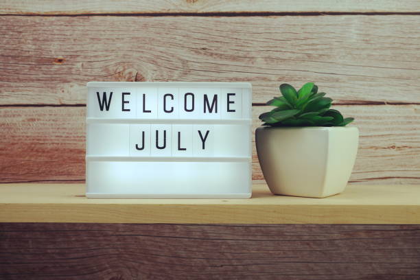 istock Welcome July word in light box on wooden shelves background 1330022708