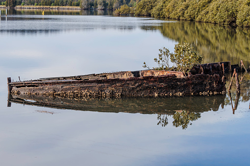 Sunken sand barge in Malabar Creek, Moruya River, NSW, July 2021