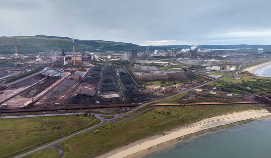 Editorial Aberavon, UK - July 9, 2021: Aerial view of the TATA steel works in Port Talbot, UK
