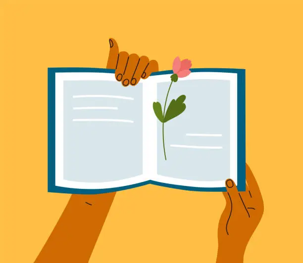 Vector illustration of Reading books vector illustration with human hands holding open book with flower bookmark