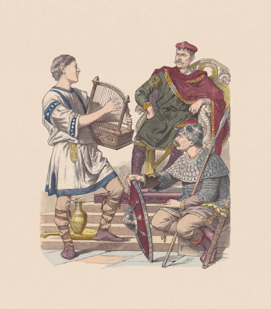 istock 700-800, Carolingian costumes, hand-colored wood engraving, published ca. 1880 1330024826