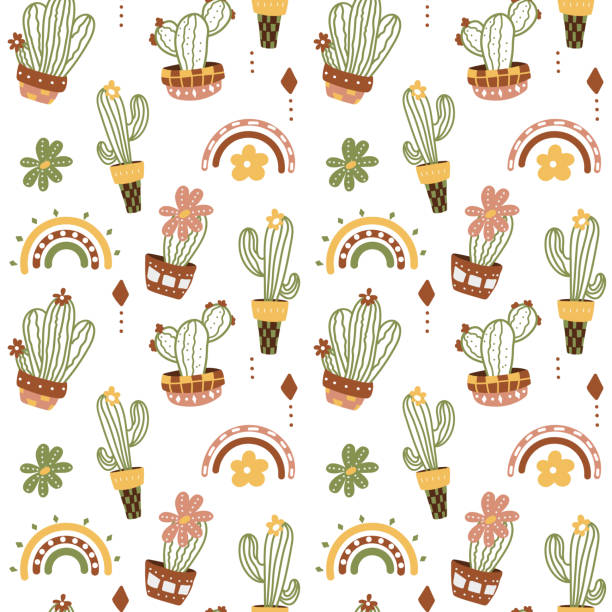 illustrations, cliparts, dessins animés et icônes de motif sans couture avec des cactus dans des pots de fleurs et des motifs arc-en-ciel dans le style boho. motif élégant pour les textiles et le papier peint. image vectorielle. - southwest usa floral pattern textile textured