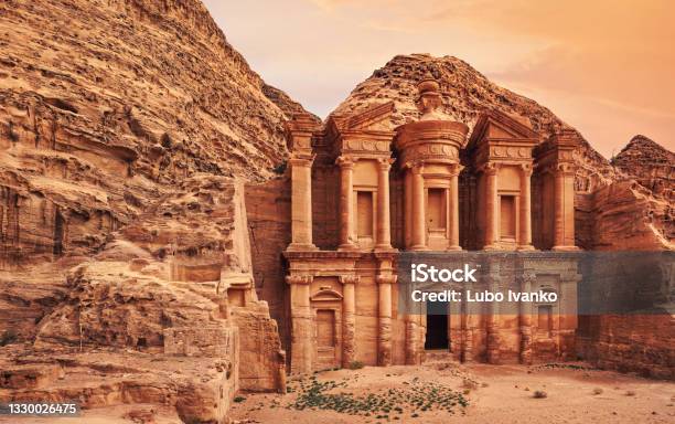 Ad Deir Monastery Ruins Carved In Rocky Wall At Petra Jordan Stock Photo - Download Image Now