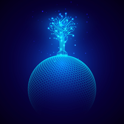 Futuristic abstract background. Circuit tree on sphere. Sci fi concept. Science and technology design element. Vector illustration