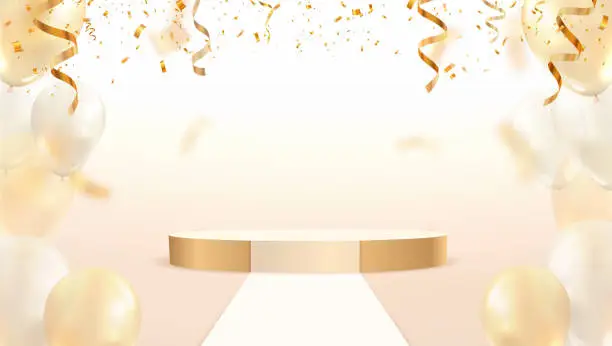 Vector illustration of Golden stage podium with falling down colorful confetti and balloons on light background. Fashion mockup pedestal template vector illustration.