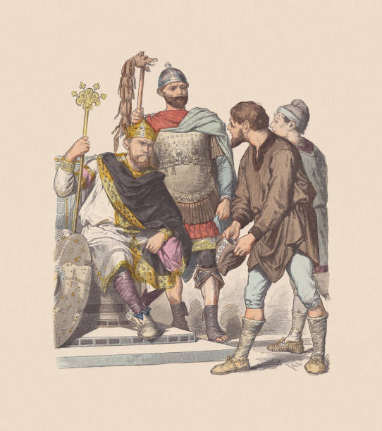 ilustrações, clipart, desenhos animados e ícones de 700-800, trajes carolingianos, gravura de madeira colorida à mão, publicado em 1880 - crown king illustration and painting engraving