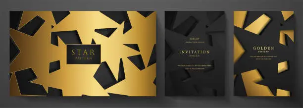 Vector illustration of Gold star invitation, cover design set. Luxury starry pattern on black background