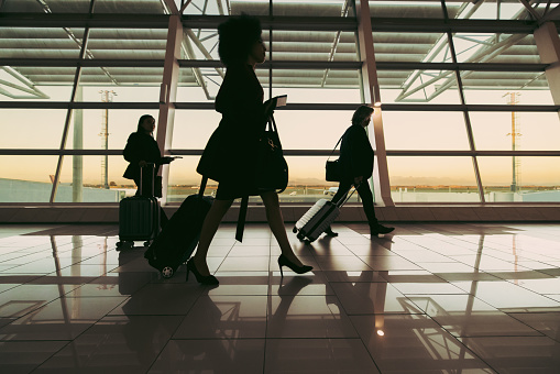 Silhouette of people with luggage walking at airport terminal. Travelers walking in front of large window at airport terminal.
