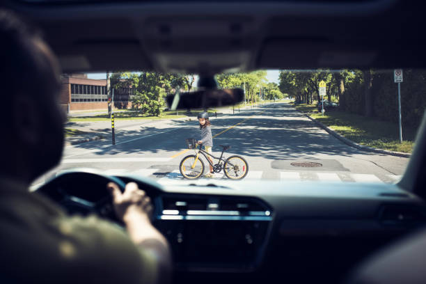 Driver stopping at pedestrian crossing One kid crossing the road with his bike, view from inside the car car point of view stock pictures, royalty-free photos & images