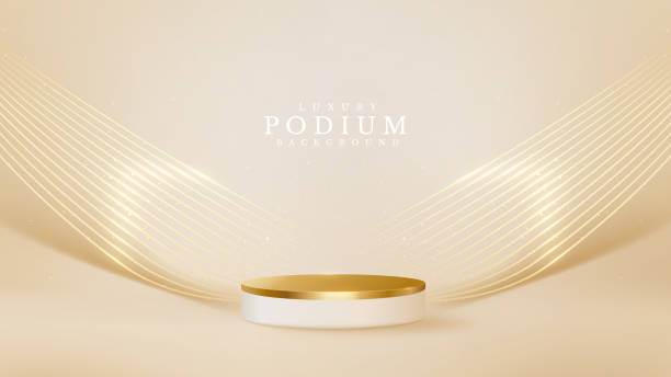 Realistic white product podium showcase with line golden wave on back. Luxury 3d style background concept. Vector illustration for promoting sales and marketing. Realistic white product podium showcase with line golden wave on back. Luxury 3d style background concept. Vector illustration for promoting sales and marketing. gold podium stock illustrations