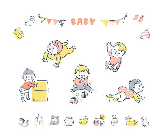 ilustraciones, imágenes clip art, dibujos animados e iconos de stock de bebé varias poses y conjuntos de iconos - babies only illustrations