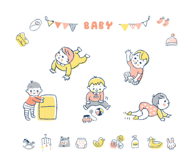 ilustrações, clipart, desenhos animados e ícones de baby várias poses e conjuntos de ícones - baby white background preschool isolated on white