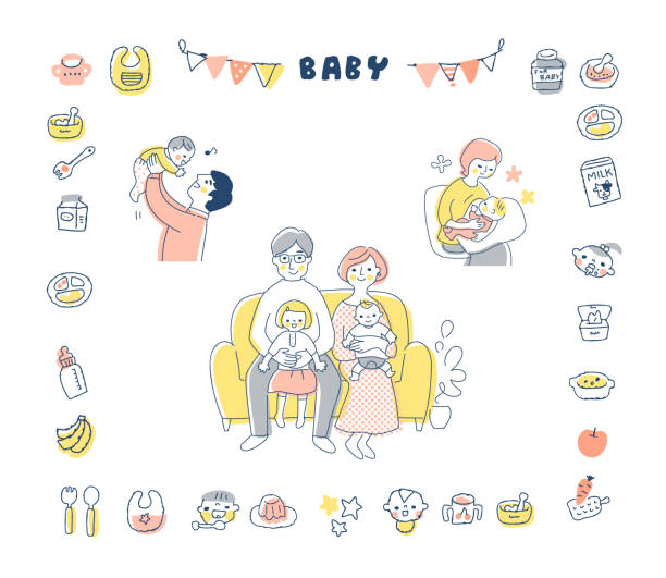 아기 및 가족 아이콘 세트 - lifestyles cute white background baby stock illustrations