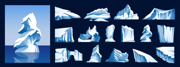 setzen sie eisberge, gletscher, eisblöcke, eisscholle isoliert, berge. arktis, antarktis und nordpol. - eisberg eisgebilde stock-grafiken, -clipart, -cartoons und -symbole