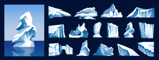 Vector illustration of Set icebergs, glaciers, blocks of ice, ice floe isolated, mountains. Arctic, Antarctic and North Pole.