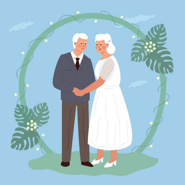 The wedding of an cute elderly couple vector art illustration