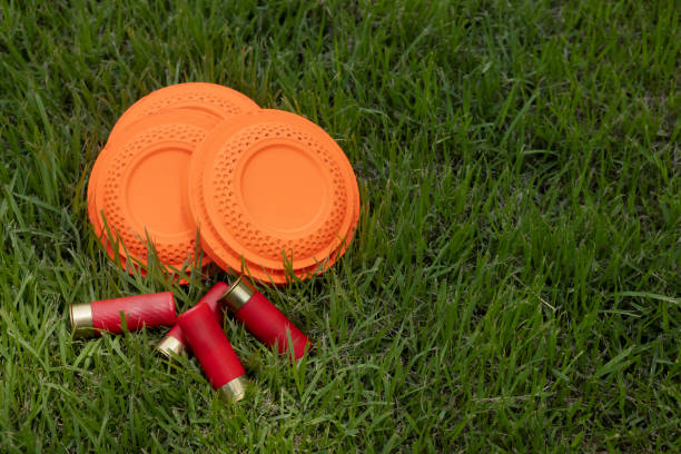 Clay shooting target and shotgun bullets on green background ,Clay Pigeon target game Clay shooting target and shotgun bullets on green background ,Clay Pigeon target game trap shooting stock pictures, royalty-free photos & images