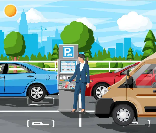 Vector illustration of Woman Pay for Car Park with Parking Meter