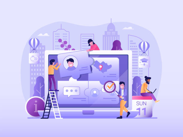 Customer Persona and User Behavior Concept Customer persona profile building concept with marketing team collect clients info and user behavior data. Target auditory analysis web illustration for online business and advertising. user profile illustration stock illustrations