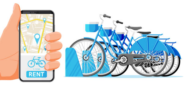 City Bicycle Sharing System Isolated on White. City Bicycle Sharing System Isolated on White. Bike Stand with Rental Bicycles. Bike on Docking Station and Smartphone. Urban Transportation Smart Service. Cartoon Flat Vector Illustration bicycle docking station stock illustrations