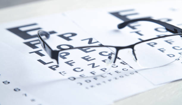 istock Eye test chart with eyeglasses. Medical eye diagnostic 1330042553