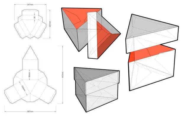 Vector illustration of Triangular Self Assembly Packaging and Die-cut Pattern. Ease of assembly, no need for glue. The .eps file is full scale and fully functional. Prepared for real cardboard production.