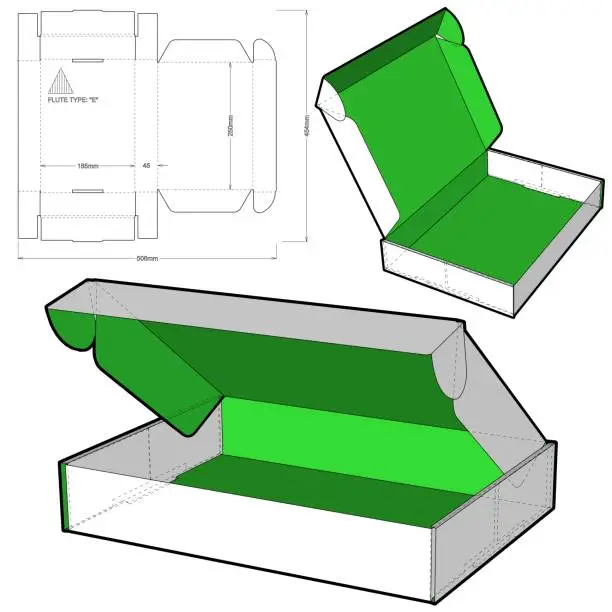 Vector illustration of Cardboard box for sending mail. Flute Type E (Internal measurement 25 x 18.5 + 4.5 cm) and Die-cut Pattern. Ease of assembly, no need for glue.  The .eps file is full scale and fully functional.