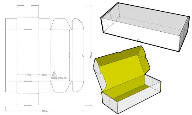 Vector illustration of Cardboard box for sending mail. Flute Type E (Internal measurement 40 x 17 + 9 cm) and Die-cut Pattern. Ease of assembly, no need for glue.  The .eps file is full scale and fully functional.