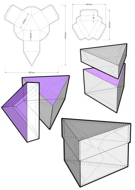 Vector illustration of Triangular Self Assembly Packaging and Die-cut Pattern. Ease of assembly, no need for glue. The .eps file is full scale and fully functional. Prepared for real cardboard production.
