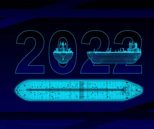 Image of the year 2022 with a scheme of the tanker ship. 3d-rendering.