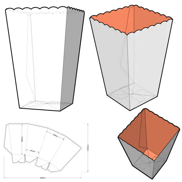 Vector illustration of Popcorn packaging and Die-cut Pattern. The .eps file is full scale and fully functional. Prepared for real cardboard production.