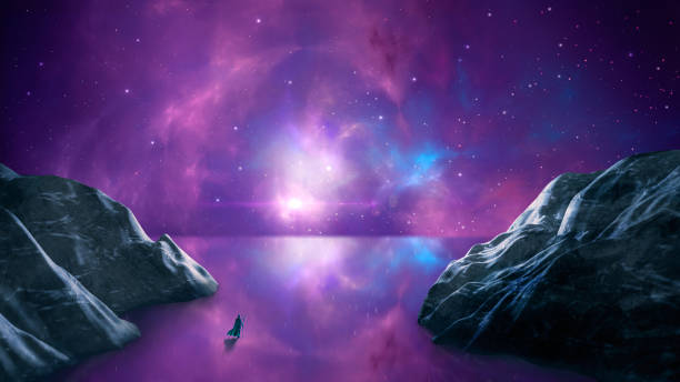 istock Magician standing in sci-fi mountain canyon landscape on reflection surface with nebula, star and sun. Digital painting illustration. 3d rendering 1330044922