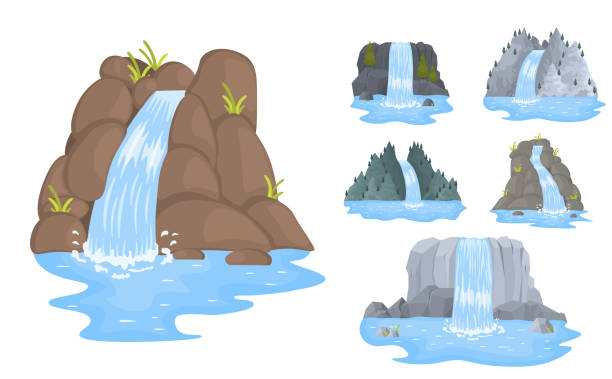 ilustraciones, imágenes clip art, dibujos animados e iconos de stock de cascada del río cae de agua clara acantilado. - tree waterfall water river