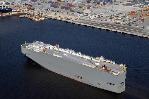 Aerial view of the port of Jaxport on the St Johns river Jacksonville Florida photograph taken May of 2021