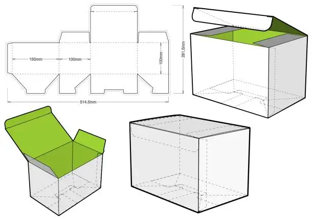 Vector illustration of Simple Packaging Box (Internal measurement 15x10x10cm) and Die-cut Pattern. The .eps file is full scale and fully functional. Prepared for real cardboard production.