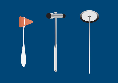 Vector illustration different styles of reflex hammer for neurological examination on blue background.