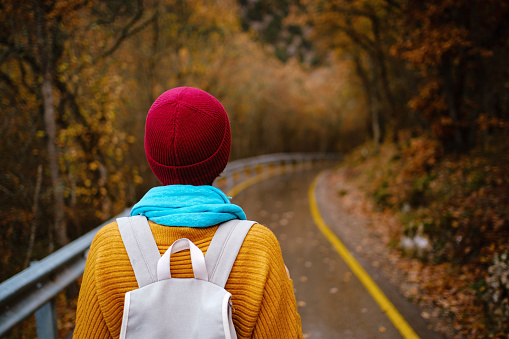 beautiful female hipster in a red hat, yellow sweater and blue scarf walks in the autumn nature. Cool weather. Wanderlust photo series.