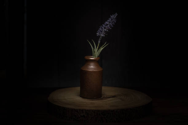 A single faux lavender stem and old bottle against a wood, and black background.